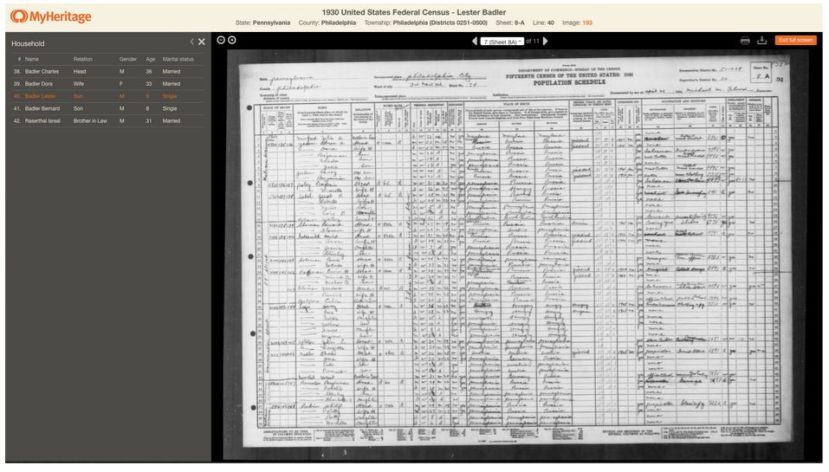 USAn väestönlaskenta vuodelta 1930, johon on listattu Hagarin iso-isoisä Charles Badler (äidin puolelta)