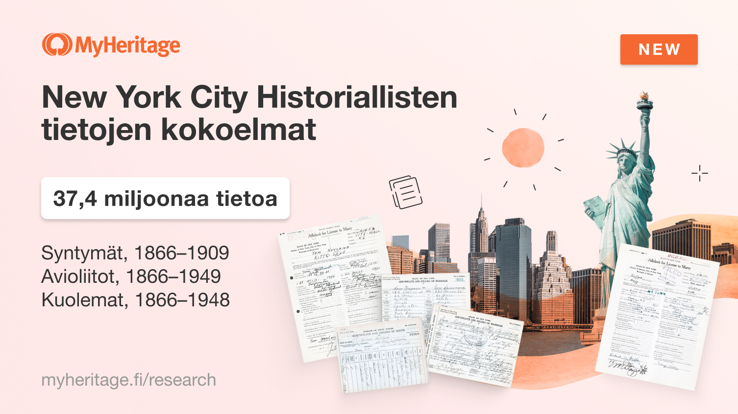 MyHeritage julkaisee New Yorkin kaupungin syntymä-, avioliitto- ja kuolintiedot