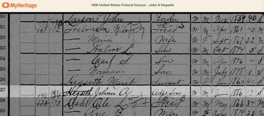 John Hegsethin väestönlaskentatieto Yhdysvaltojen vuoden 1900 väestönlaskennasta MyHeritagen SuperSearchissa