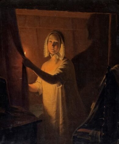 Tyttö menossa nukkumaan kynttilän valossa. Sandberg, Johan Gustaf, taiteilija 1845, Kansallisgalleria 