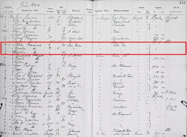 Oline ja Amalie Evenstadin siirtolaisrekisteritiedot [Lähde: MyHeritage Norway, Emigration Registers, 1867-1973]