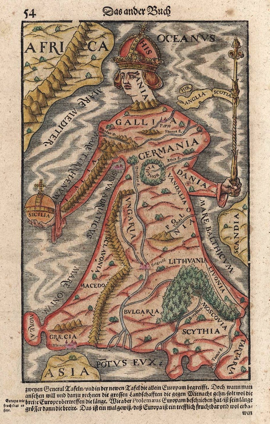 Europa Regina – Habsburgien hallitseman Euroopan symboli. Sebastian Munster 1570, Public domain