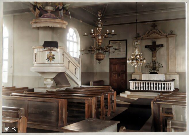 Evijärven kirkon kuori 1900-1929 / Museovirasto. Kuva on väritetty MyHeritagen In Colorilla