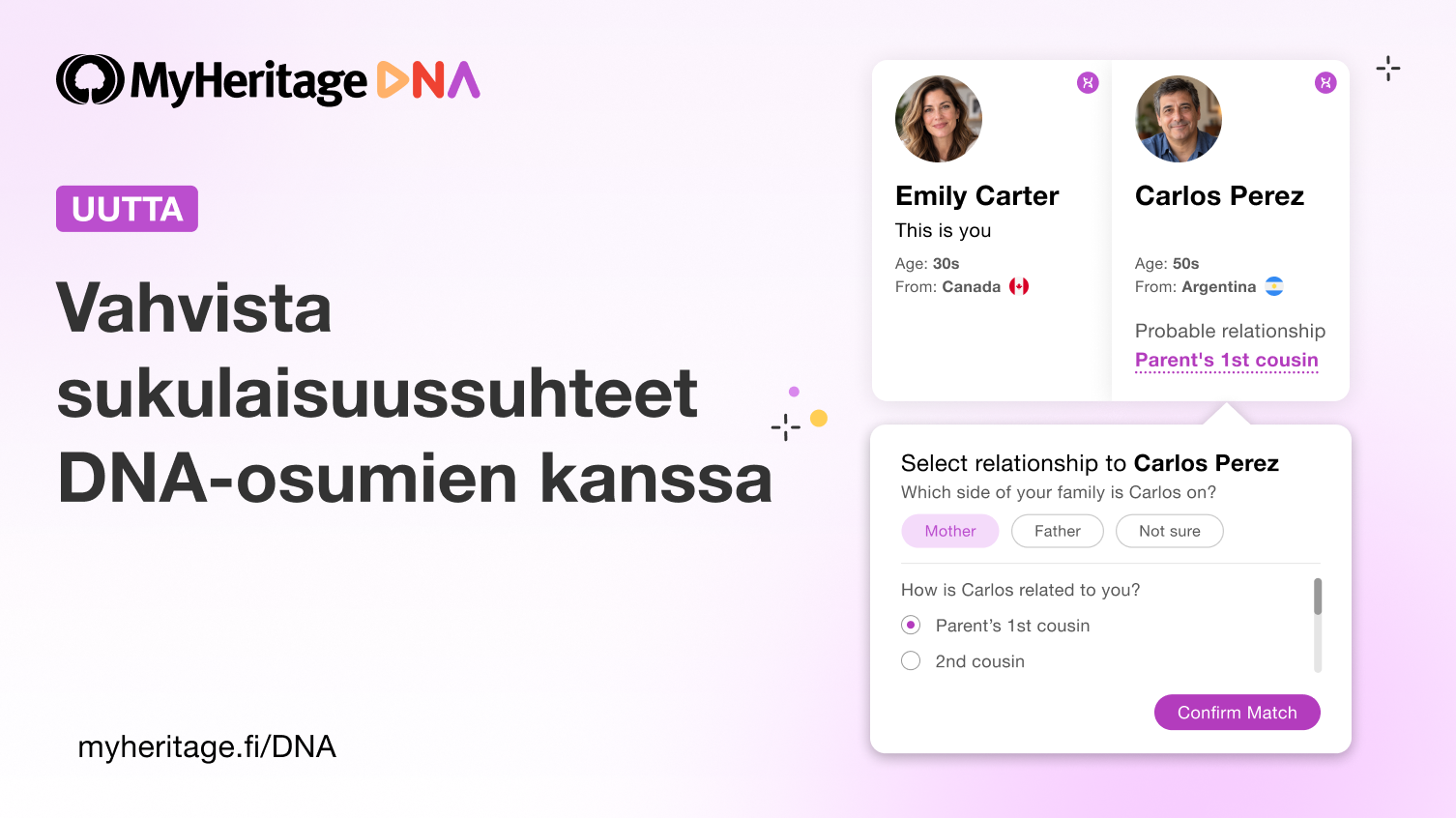 Uutta: Vahvista tunnetut sukulaisuussuhteet MyHeritagen DNA-osumiin