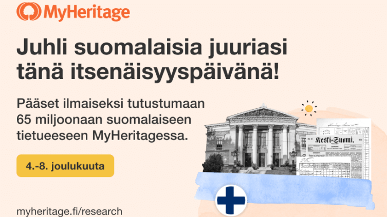 Itsenäisyyspäivänä vapaa pääsy MyHeritagen 65 miljoonaan suomalaiseen tietueeseen