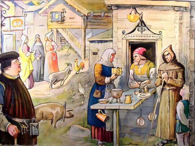 Keskiajan kaupunki. Aarno Karimon piirtämä opetustaulu vuodelta 1938 / Turun museokeskus. Taulun värit on palautettu MyHeritagen In Colorilla
