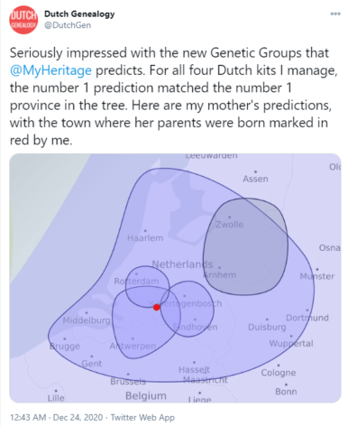 Olen oikeasti vaikuttunut @MyHeritagen ennustamista uusista geneettisistä ryhmistä. Kaikille hallinnoimilleni neljälle DNA-pakkaukselle ensimmäisellä sijalla oli sukupuussa oleva provinssi. Tässä arvio äidilleni; siinä näkyy punaisella kaupunki, jossa hänen vanhempansa ovat syntyneet.