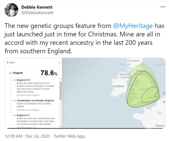 @MyHeritagen uudet geneettiset ryhmät lanseerattiin sopivasti jouluksi. Kaikki omani ovat linjassa viimeisten 200 vuoden aikana olleiden esivanhempieni kanssa eteläisessä Englannissa.