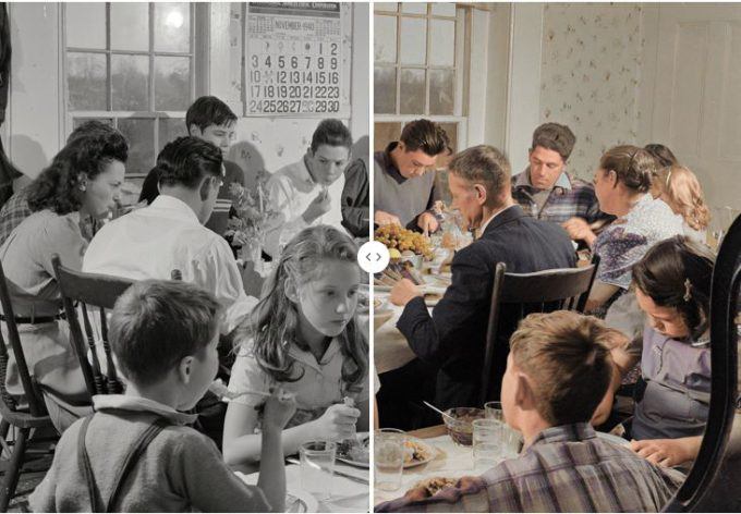 Kveekari Timothy Levy Crouchin perhe joka vuotisella kiitospäivän illallisella – Ledyard, Connecticut, 1940. Valokuvaaja: Jack Delano, , Farm Security Administration