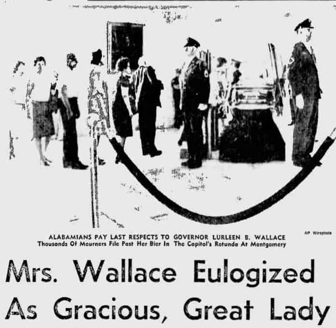 Lurleen B. Wallace, muistokirjoitus. Tuscaloosa News, Tuscaloosa, Alabama 8.5.1968