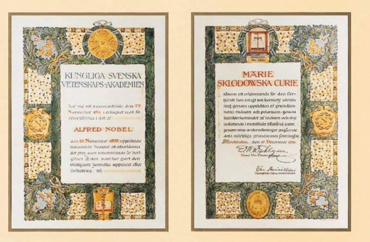 Marie Curien Nobel-palkinnon diplomi