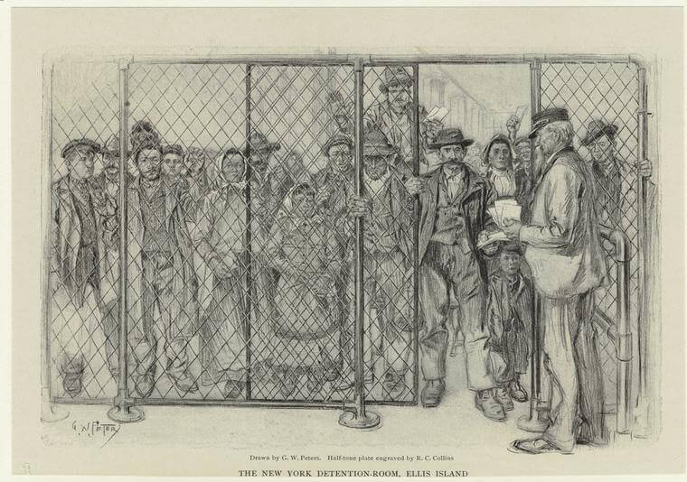 ”New Yor, pidätyshuone Ellis Islandilla” The New York Public Library Digital Collections, 1898-1902.