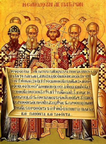 Ikonissa Konstantinus Suuri ja kirkkoisät pitelevät Nikean uskontunnustusta. Lähde: Wikipedia/public domain