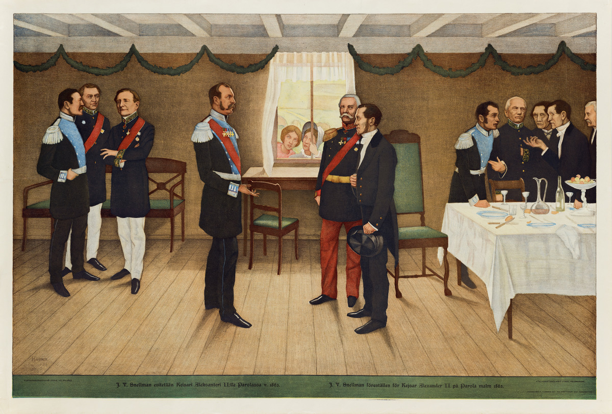 J.V.Snellman esitellään keisari Aleksanteri II:lle Parolassa 1863. Tekijä: Paul Bernhard Verner von Hausen 1863, Museoviraston kokoelmat.
