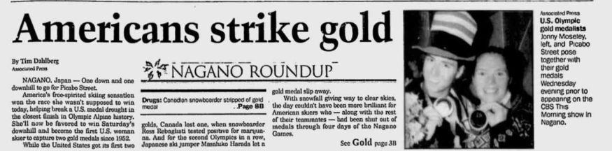 Artikkeli Picabo Streetistä Moscow-Pullman Daily News-lehdessä, Moscow Idaho 11.2.1998