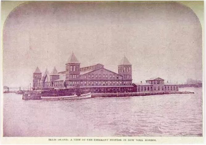 Ensimmäinen Ellis Islandin maahanmuuttoasema, rakennettu 1892 ja tuhoutui 1897 (public domain).