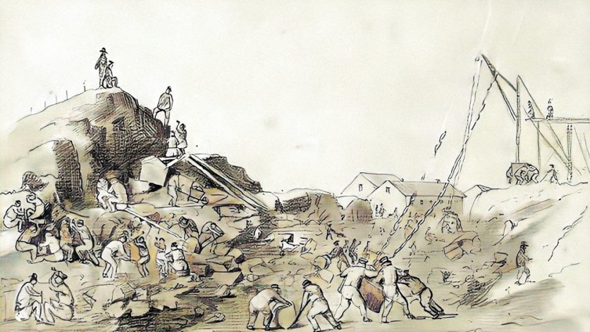 Kuva Saimaan kanavan rakennustöistä, Museovirasto / Johan Knutson 1840–1849. Kuva on väritetty MyHeritagen In Colorilla.