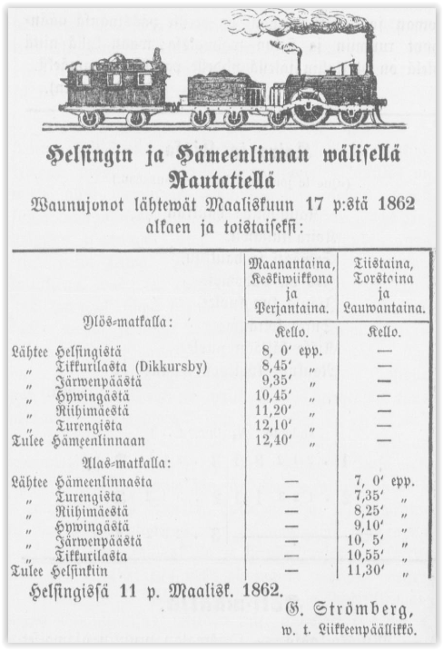 Juna-aikataulu Helsinki-Hämeenlinna vuodelta 1862
