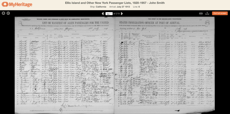 Ellis Islandin ja muut New Yorkin matkustajaluettelot 1820-1957 – John Smith, MyHeritage SuperSearch
