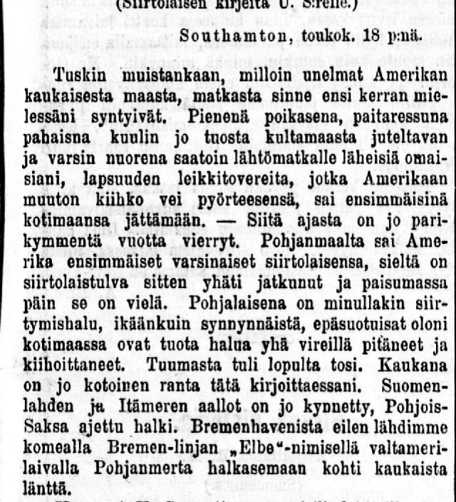 Osa siirtolaisen kirjeestä Uuden Suomettaren Juttu-tuvassa 1.1.1890 No 22 Lähde: Kansalliskirjasto.fi