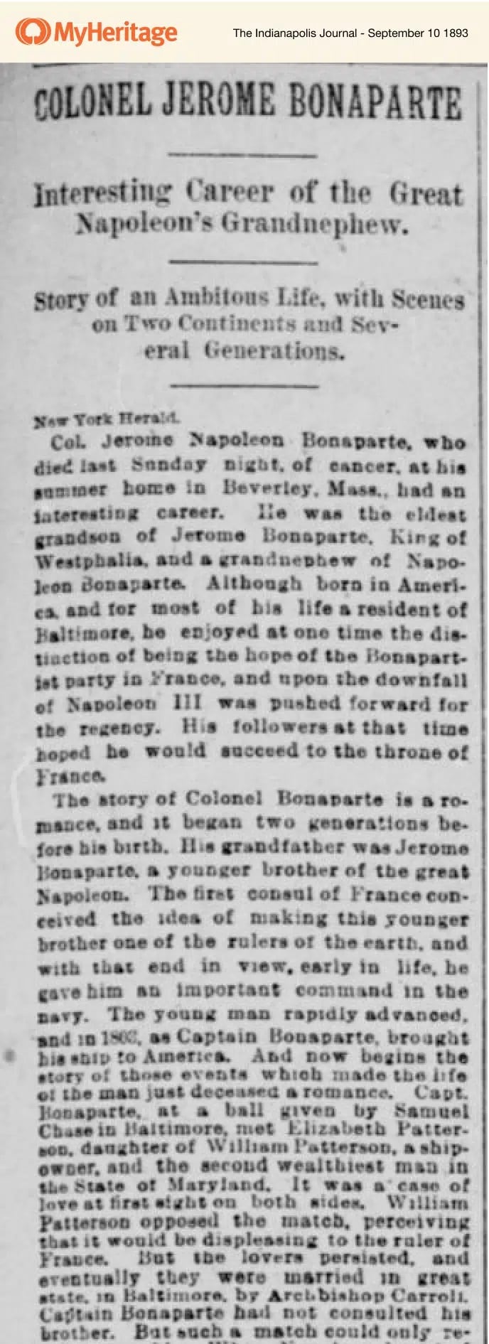 Jerome Bonaparte kuoli 3. Syyskuuta 1893 Massachusettsin Prides Crossingissa. 
