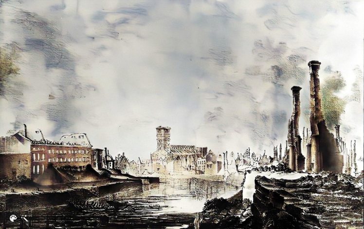 Turun jokiranta 1827 palon jälkeen G.W. Finnbergin litografiasta, joka esittää Turkua vuoden 1827 palon jälkeen. Litografiassa näkymä Aurajoen rannalta. Kuvassa Tuomiokirkko. Turun museokeskus. Kuva on väritetty MyHeritagen In Colorilla