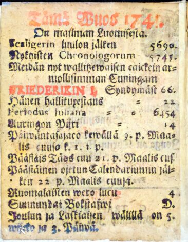 Almanakka vuodelta 1741. Kansalliskirjasto.fi