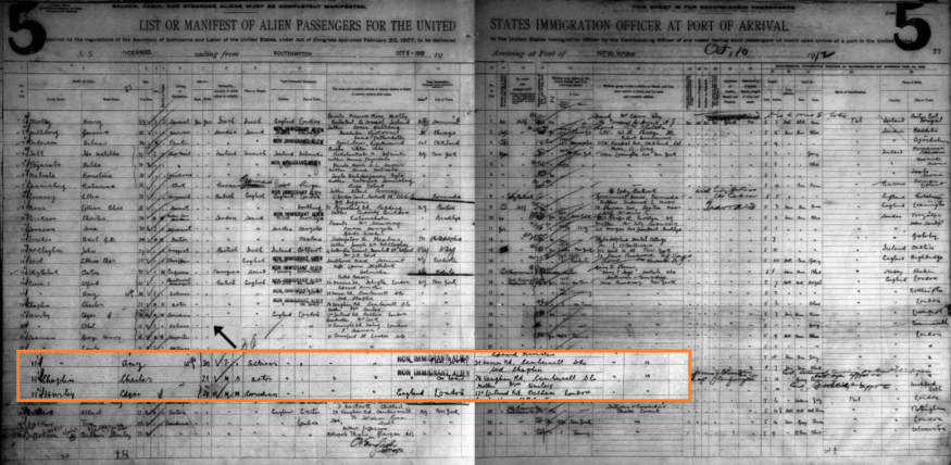 Ellis Islandin ja muut New Yorkin matkustajaluettelot, 1820-1957 – Charles Chaplin, MyHeritage Super Search