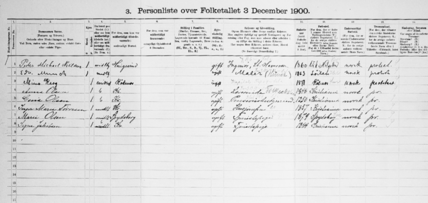 Edvard Munchin väestönlaskentatiedot vuoden 1900 väestönlaskennassa, MyHeritage SuperSearch