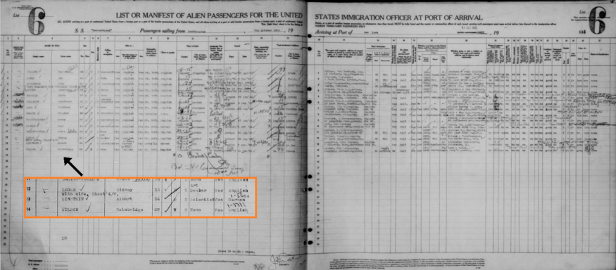 Merkintä Albert Einsteinin saapumisesta; Ellis Islandin ja muiden New Yorkin satamien matkustajaluettelot 1820-1957