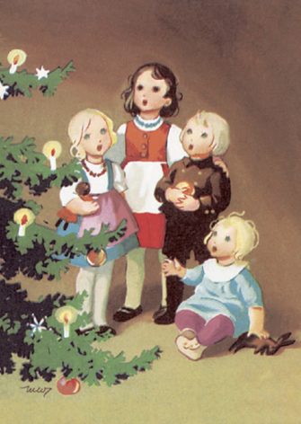Lapset laulavat joulukortissa