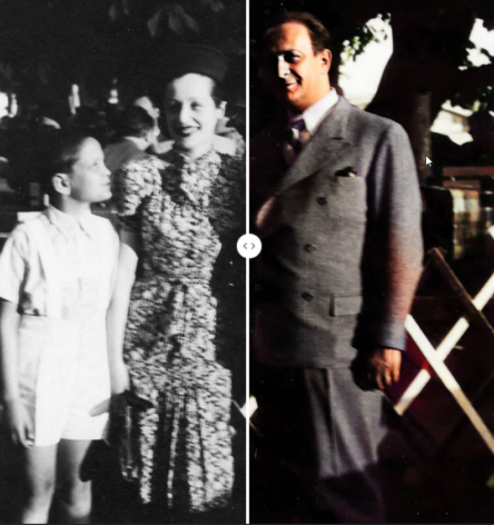 Rene pikkupoikana isänsä ja äitipuolensa (Alicen vanhempien) kanssa. MyHeritage on terävöittänyt kuvaa ja värittänyt sen.